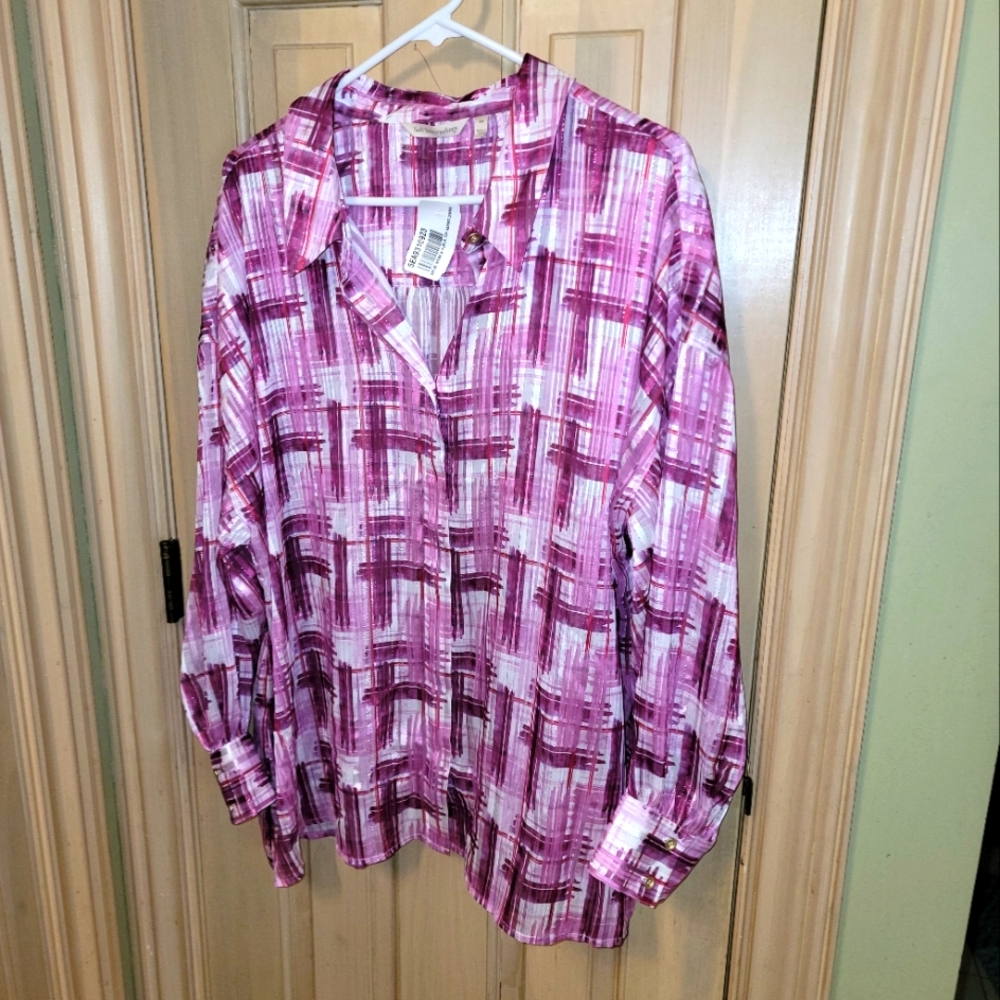 NWT Soft Surroundings Long sleeve Womens plus sz 2X purple plaid Shirt Blouse
